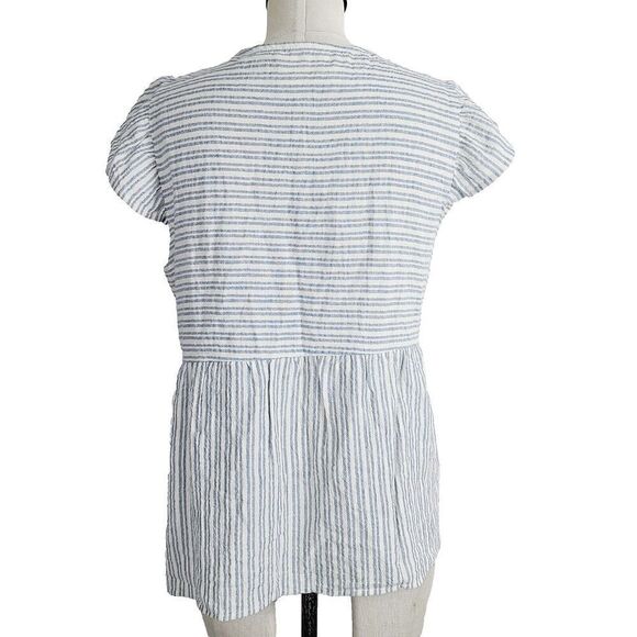 Savanna Jane Top S Gray Stripe Multicolor Embroidery Peplum Ruffle Sleeve Blouse - Picture 4 of 8